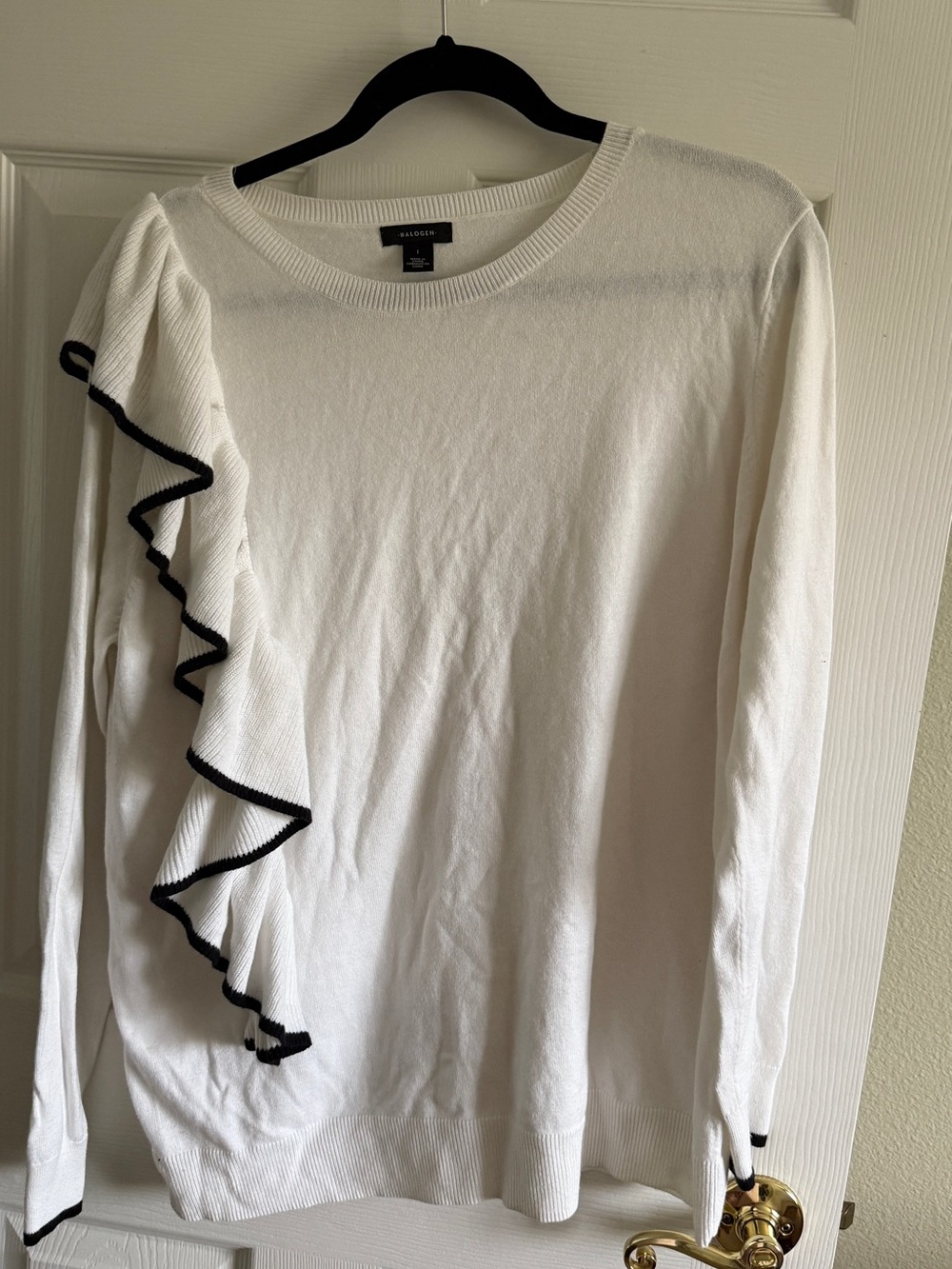 Halogen White Crewneck Sweater with Black Ruffle Trim